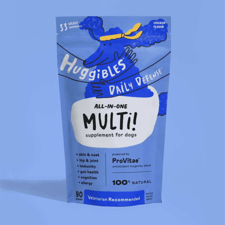 Blue bag of Huggibles All-In-One Multi! supplement for dogs showing pet supplement packaging and linking to pet marketing branding strategy.
