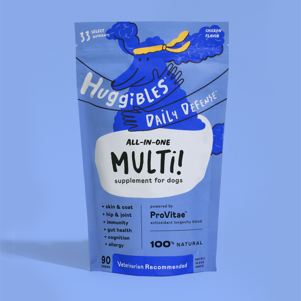 Blue bag of Huggibles All-In-One Multi! supplement for dogs showing pet supplement packaging and linking to pet marketing branding strategy.