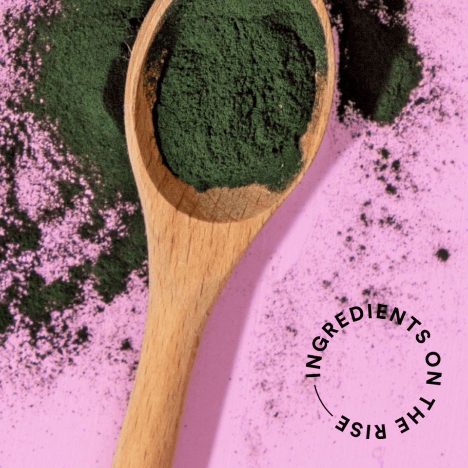Spoon of spirulina against pink background linking to supplement ingredient research based on social media listening