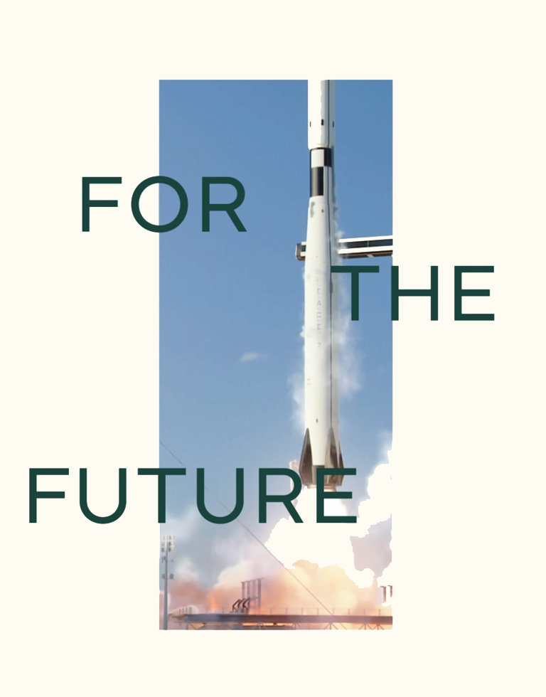Photo of rocket launch with dark green text overlay, "For the Future." A still image from a video for EverGrain's B2B ingredient brand.